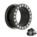 Flesh Tunnel - Steel - Black - Crystal -  6 mm