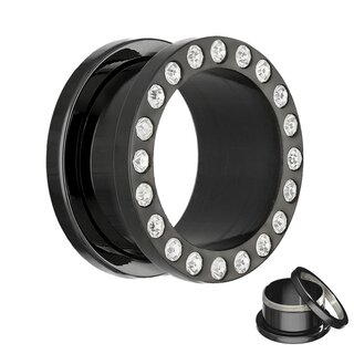 Flesh Tunnel - Steel - Black - Crystal -  8 mm