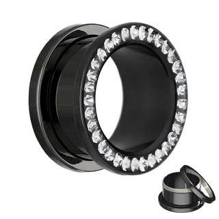 Flesh Tunnel - Black - Crystal - Clear - Expoxy Cover -  12 mm