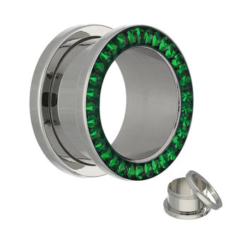 Flesh Tunnel - Silver - Crystal - Green - Expoxy Cover -  12 mm