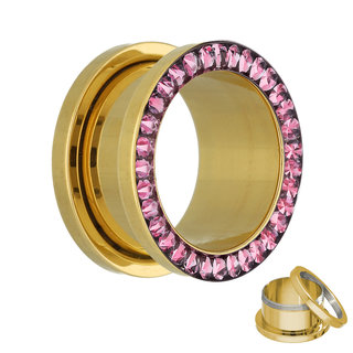 Flesh Tunnel - Gold - Crystal - Pink - Epoxy Cover - 10 mm