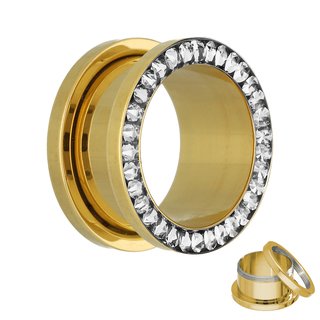 Flesh Tunnel - Gold - Crystal - Clear - Epoxy Cover - 8 mm