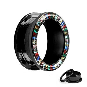 Flesh Tunnel - Steel - Black - Crystal Rainbow - Epoxy Cover - 14 mm