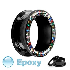 Flesh Tunnel - Steel - Black - Crystal Rainbow - Epoxy Cover - 14 mm