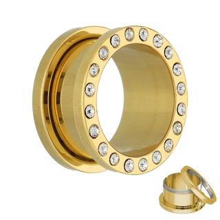 Flesh Tunnel - Steel - Gold - Crystal -  18 mm