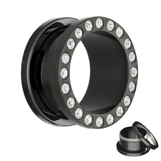 Titanium Flesh Tunnel - Black - Crystal - 8 mm