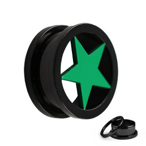 Flesh Tunnel - Steel - Black - Star - Green - 10 mm