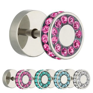 Piercing Fake Plug - Silver - Double Crystal - [3.] - pink