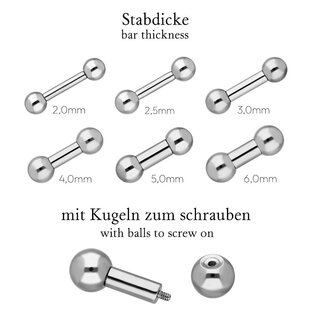 Barbell Piercing - Steel - Silver - 2.0mm to 6.0mm - [42.] - 6.0 x 10 mm (Balls: 10mm)