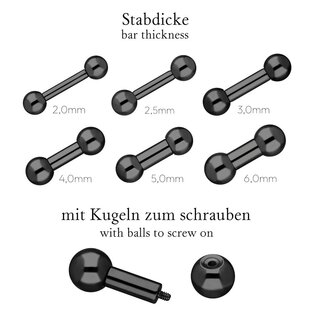 Barbell Piercing - Steel - Black - 2.0mm to 6.0mm - [17.] - 3.0 x 8 mm (Balls: 6mm)