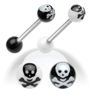 Barbell Piercing with Balls - Skull - [01.] black Balls - white Skull