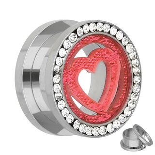 Flesh Tunnel - Steel - Silver - Crystals - Heart - 12 mm