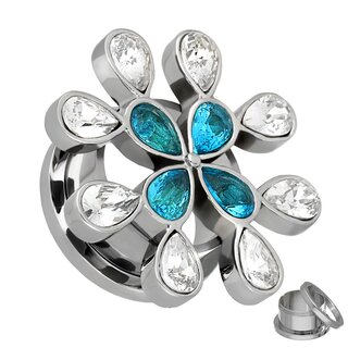 Flesh Tunnel - Steel - Crystal - Flower - Light Blue - 10 mm