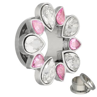 Flesh Tunnel - Steel - Crystal - Drops - Pink - 4 mm