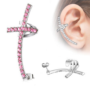 Ear Stud - Ear Cuff - Cross - Pink