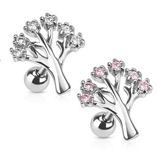 Barbell Piercing - Silver - Short - Tree - Crystals - [02.] - pink