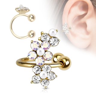 Ear Cuff - Gold - Flower - Crystals