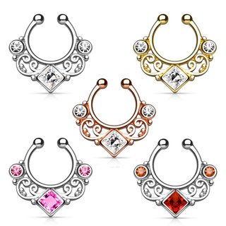 Fake Septum Piercing - Ornament - Crystal - Square - [02.] - gold - Crystals: clear