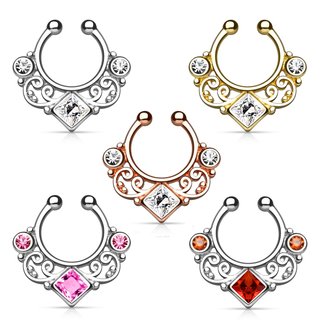 Fake Septum Piercing - Ornament - Crystal - Square - [04.] - silver - Crystals: pink