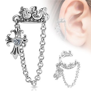 Ear Cuff - Silver - Crown - Chain - Cross