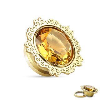 Ear Plug - Gold - Ornament - Crystal - Amber 16 mm