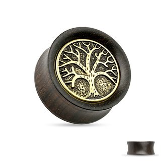 Wood Ear Plug - Brown - Tree of Life - Gold - Antique 10 mm