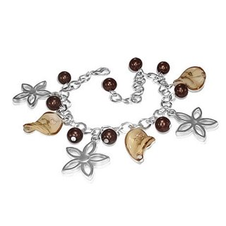 Bracelet - Silver - Flowers - Pearls - Brown