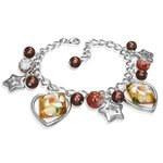 Bracelet - Silver - Hearts - Stars - Pearls - Brown