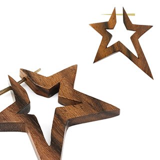 Wood Earring - Brown - Star - Open