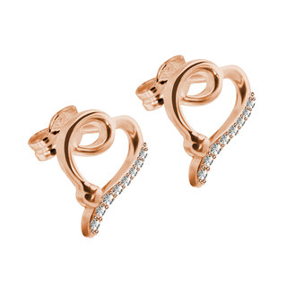 Ear Stud - 925 Sterling Silver - Curved Heart - Crystals - Rose Gold