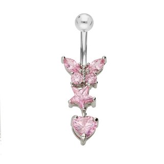 Piercing Bananabell - Steel - Silver - 3 Crystal-Pendants - Pink