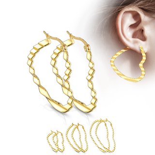 Steel Earrings - Hoops - Heart - Wave Pattern - Gold