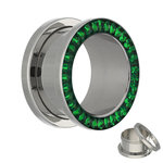 Flesh Tunnel - Silver - Crystal - Green - Expoxy Cover