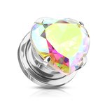 Crystal Ear Plug - Steel - Silver - Heart - Rainbow
