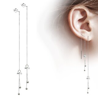 Ear Stud - Silver - Chain - Crystals - Balls