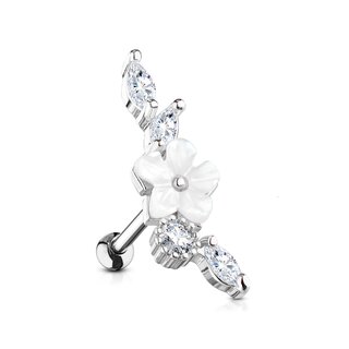 Barbell Piercing - Short - Steel - Crystals - Flower - White
