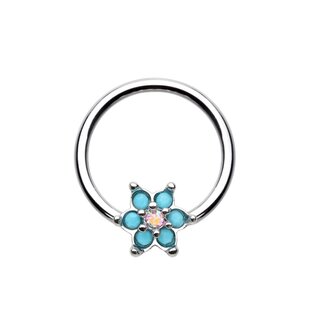 Ball Closure Ring - Silver - Flower - Turquoise
