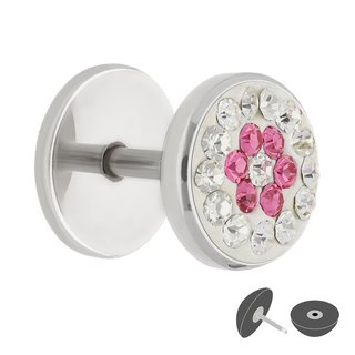 Fake Plug - Silver - Crystal - Flower - Pink